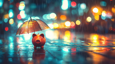 A whimsical piggy bank sheltered under a small umbrella in a rainy urban setting, showcasing vibrant city lights and reflections on wet surfaces, symbolizing savings and protection.の素材