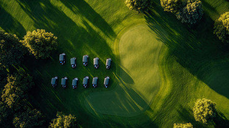 This aerial view captures a pristine golf course with neatly aligned golf carts amid lush greenery, showcasing the serene beauty of outdoor recreation and leisure activities.の素材