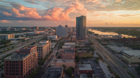 A stunning aerial shot of Tampa's cityscape at sunset, showcasing the vibrant skyline with beautiful clouds. Perfect for travel and urban lifestyle themes.の素材