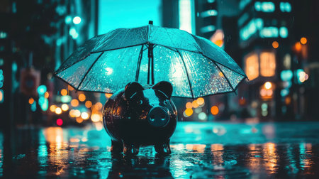 A charming piggy bank sits beneath an umbrella in a rainy city at night, reflecting the vibrant lights and creating a unique atmosphere of hope amidst challenges.の素材