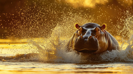 A majestic hippo charges through the tranquil waters at sunset, creating a stunning splash. The warm golden light enhances the beauty of this wild scene.の素材