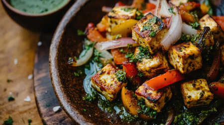 Delicious and colorful vegetable and tofu stir-fry garnished with fresh herbs and spices. A healthy meal option for any occasion, perfect for food lovers.の素材