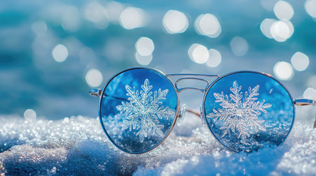 Vibrant sunglasses adorned with intricate snowflake designs reflect shimmering snow and a bright blue sky, capturing the essence of winter's beauty.の素材