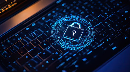 A conceptual image representing digital security features a lock icon over a computer keyboard. The design highlights the importance of protecting data and information in the digital age.の素材