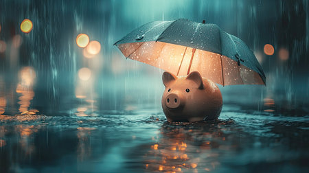 A charming piggy bank sits under a small umbrella, surrounded by rain and reflections in water. This whimsical scene symbolizes financial protection and saving.の素材