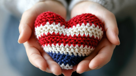 A pair of hands gently cradles a handmade yarn heart in red, white, and blue stripes, symbolizing love and creativity in a cozy, tactile design.の素材