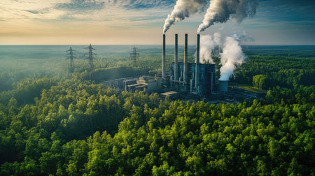 Aerial view of an industrial power plant emitting smoke, surrounded by a dense green forest under a clear blue sky, showcasing energy production and environmental contrast.の素材