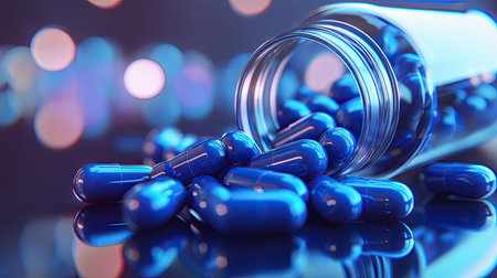 A visually striking image of blue capsules spilling from an elegant glass bottle. The reflective surface and colorful background create a dynamic and modern health theme.の素材