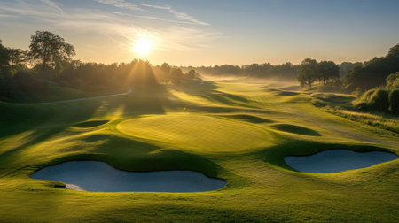 This stunning image captures a serene golf course at sunrise, surrounded by mist and lush greenery. Ideal for promoting outdoor activities and relaxation.の素材