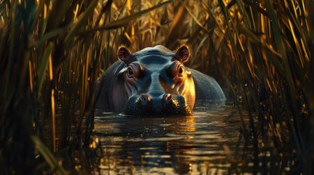 A serene hippo surfaces in calm waters, surrounded by tall grass, illuminated by golden sunset light. The scene captures the peaceful coexistence of wildlife and nature.の素材