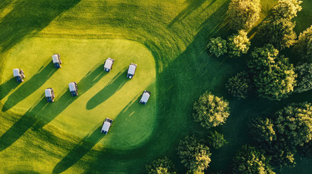 An aerial view captures golf carts neatly placed on a vibrant green golf course. Tall trees cast shadows around the landscape, creating a serene atmosphere.の素材