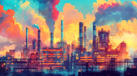 A striking industrial landscape featuring factories against a colorful sunset, showcasing smokestacks and billowing clouds, highlighting environmental themes.の素材