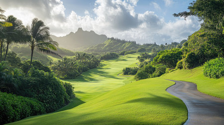 Experience a breathtaking golf course set against a lush mountain backdrop under a bright blue sky, creating a serene oasis for outdoor enthusiasts.の素材