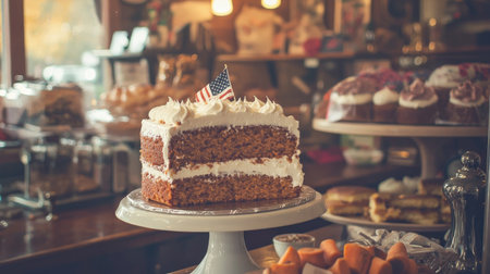A beautifully crafted layered cake with luscious frosting topped with a small American flag. Perfect for celebrations, parties, and festive gatherings.の素材