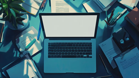 A modern workspace showcasing a laptop on a desk cluttered with office supplies and papers, perfect for portraying productivity and organization in a professional environment.の素材