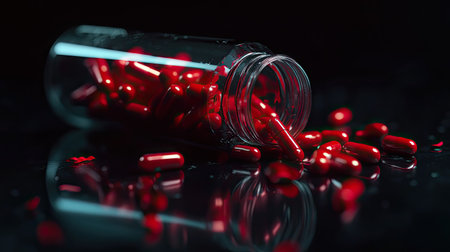 A close-up view of red capsules spilling from a glass bottle, creating a striking image on a dark surface. The reflection enhances the overall aesthetic, making it suitable for healthcare-themed projects.の素材