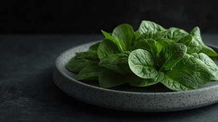 A close-up view of fresh spinach leaves arranged on a rustic plate, showcasing vibrant green color, ideal for healthy cooking and meal preparation.の素材