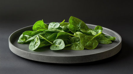 Fresh spinach leaves arranged on a gray round plate create a vibrant minimalist presentation ideal for healthy cooking and nutrition-focused recipes.の素材