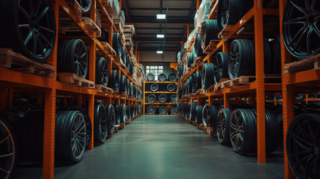 An extensive warehouse showcasing neatly organized pallets of car tires. The spacious aisles create an efficient and modern storage solution for automotive needs.の素材