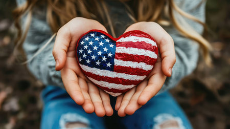 A young girl holds a heart-shaped stone painted in the American flag. This heartwarming image evokes feelings of love, unity, and patriotism in nature.の素材