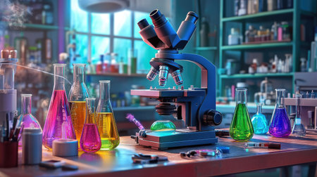 A vibrant laboratory scene featuring a microscope surrounded by colorful glassware, creating a vivid atmosphere perfect for scientific exploration and experimentation.の素材