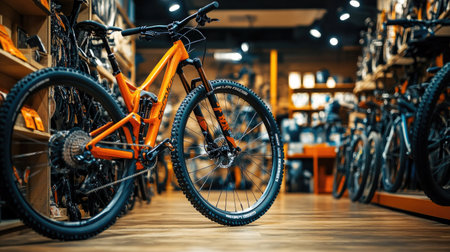 A vibrant orange mountain bike stands prominently in a modern bike shop, surrounded by various cycling gear and accessories, inviting enthusiasts into an active lifestyle.の素材