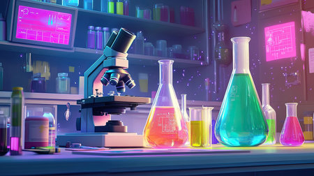 A vibrant laboratory scene featuring colorful glassware, a microscope, and various chemical solutions, ideal for educational or scientific themes in media and publications.の素材