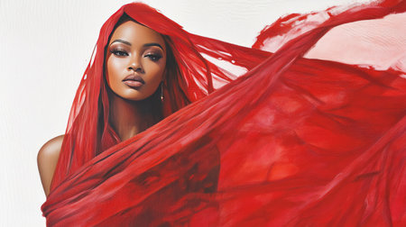 This captivating portrait captures a woman in flowing red fabric, emphasizing beauty and elegance. The dramatic movement of the fabric creates a striking visual effect in the studio setting.の素材