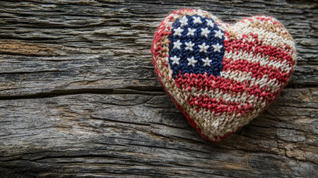 A beautifully crafted heart-shaped knit decoration featuring an American flag design set against a rustic wooden background, perfect for celebrating patriotism and love.の素材