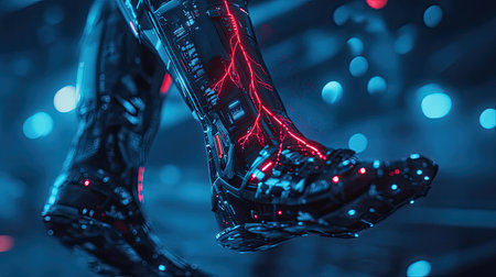 A close-up view of a futuristic cybernetic leg featuring glowing neon lights and intricate mechanics. This image captures the essence of advanced technology and innovation.の素材