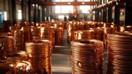 A spacious warehouse filled with shiny copper wire coils, showcasing industrial storage practices. The bright environment emphasizes the material's quality and utility.の素材