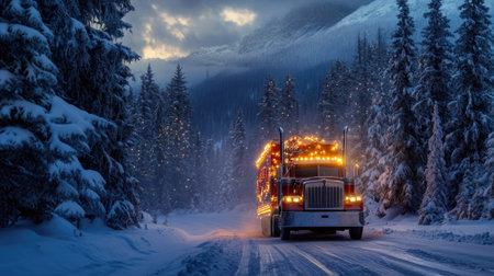 A vibrant truck adorned with twinkling lights navigates a snowy road, surrounded by towering trees. The serene winter landscape captures holiday spirit and adventure.の素材