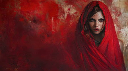 A captivating portrait of a mysterious woman draped in a red veil, set against a vibrant red background. The intense expression and dramatic lighting create a stunning visual impact.の素材