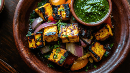 A vibrant dish featuring grilled tofu with assorted vegetables served in a rustic clay plate, accompanied by a flavorful green sauce, perfect for healthy dining.の素材