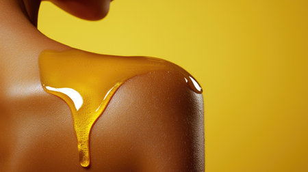 A close-up image capturing organic honey dripping on smooth skin, set against a vibrant yellow background, symbolizing beauty, health, and indulgence.の素材
