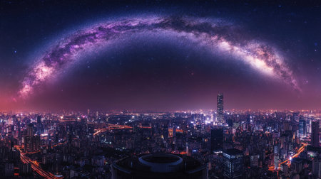 Experience a breathtaking view of a galaxy arcing over a vibrant urban landscape, with city lights illuminated against the night sky. Perfect for astronomy and travel enthusiasts.の素材