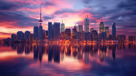 Stunning sunset view reflecting off water with a vibrant city skyline. Gorgeous colors fill the sky as buildings illuminate at dusk, creating a serene atmosphere.の素材