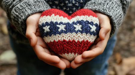 A cozy, handmade heart with red, white, and blue, held gently in hands. This image symbolizes love and patriotism, ideal for seasonal themes and crafts.の素材