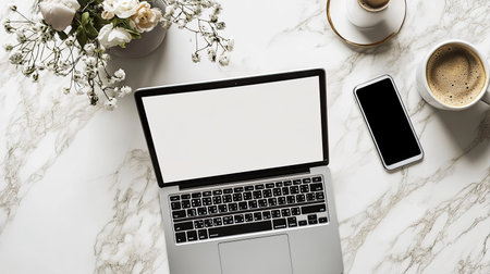 A chic workspace featuring a laptop, a cup of coffee, a smartphone, and a small floral arrangement on a marble table, ideal for creative inspiration.の素材