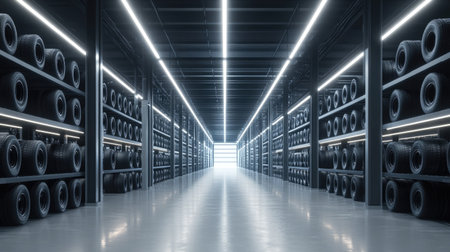 Brightly lit tire warehouse featuring organized rows of storage space. The modern design emphasizes efficiency and clarity in product display and management.の素材