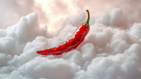 A bright red chili pepper elegantly rests on soft, fluffy clouds, creating a striking visual contrast. This composition embodies freshness and culinary creativity.の素材