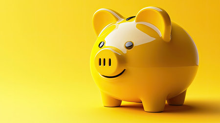 A vibrant yellow piggy bank stands against a bright yellow background, symbolizing saving and financial planning. Ideal for finance-related themes.の素材