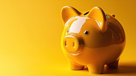 A vibrant yellow piggy bank sits against an orange background, symbolizing savings and financial goals. Ideal for finance-related themes or childhood memories.の素材