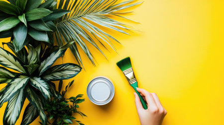 A vibrant yellow backdrop showcases a hand holding a paintbrush beside a plant and paint can. Ideal for home decor projects and creative inspiration.の素材