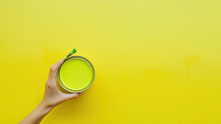 A vibrant yellow background showcases a hand holding a paint can and brush, symbolizing creativity and artistic expression. Perfect for design and renovation themes.の素材