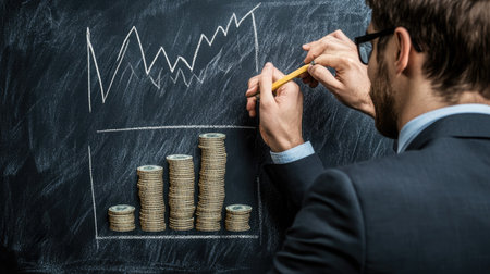 A businessman in a suit draws a financial chart on a chalkboard, illustrating growth with stacks of coins. This image represents investment strategy and market analysis.の素材