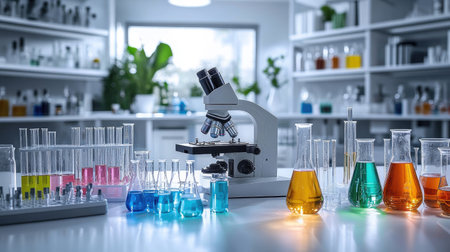A detailed view of a laboratory workspace featuring a microscope surrounded by colorful glassware and laboratory equipment, perfect for science research and education.の素材