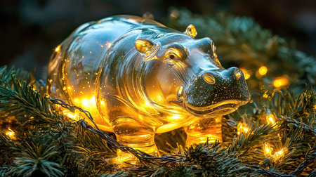 A stunning glass hippo sculpture emits a warm glow as it rests among lush evergreen foliage, creating a whimsical, festive atmosphere perfect for holiday decor.の素材
