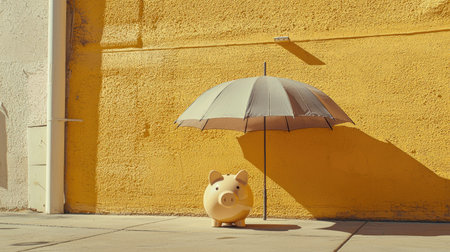 A playful piggy bank sheltered under a sleek umbrella stands out against a vivid yellow wall, symbolizing protection and savings in a bright, cheerful setting.の素材