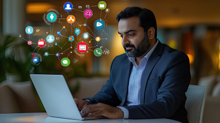 A focused businessman works on his laptop, surrounded by digital communication icons, symbolizing connectivity and modern technology in a corporate setting.の素材